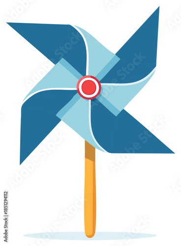 Illustrated blue pinwheel toy with a red center on a wooden stick spinning outdoors in the park