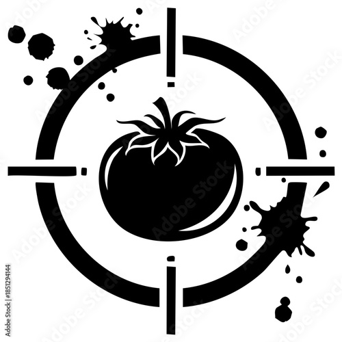 Tomato in crosshair with splatters, black silhouette vector illustration