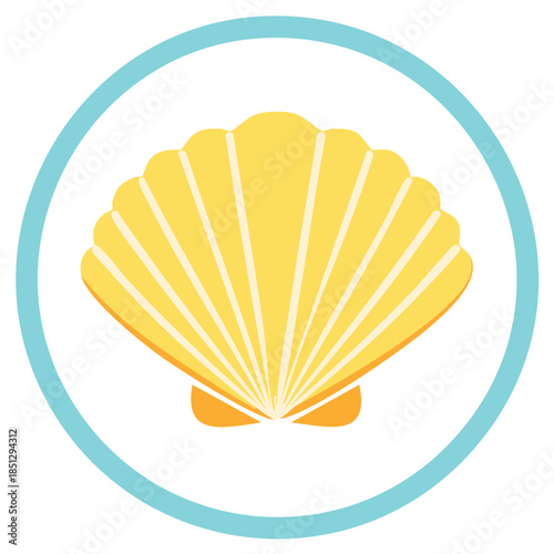 Stylized yellow seashell icon within a blue circle evoking coastal charm and seaside simplicity, a summer vacation design emblem