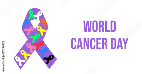 Banner for World Cancer Day with a purple ribbon made up of multi-colored ribbons symbolizing different types of cancer