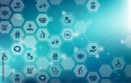 Care vector. Blue concept with icons related to nursing care, domestic or household help, assistance for disabled persons - compassionate & professional support, rehabilitation, healthcare.