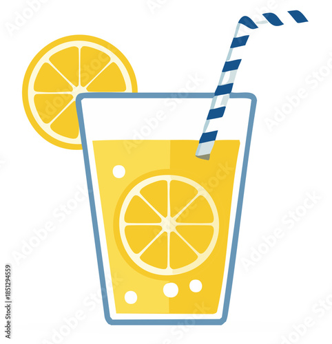 Refreshing yellow lemonade in a glass with a straw and lemon slice