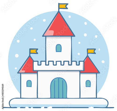 Cartoon castle with red roofs, yellow flags, and snow in a winter scene