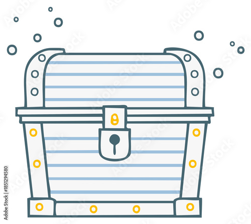 Mysterious sunken pirate treasure chest with a padlock and bubbles cartoon vector illustration