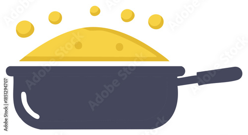 Flat design icon of hot yellow food bubbling in a cooking pan with steam rising