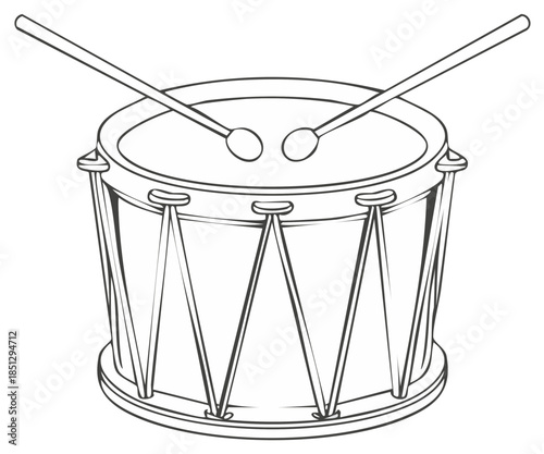 Illustration of a drum with drumsticks, outlined in black, isolated on white background. Musical instrument line art.