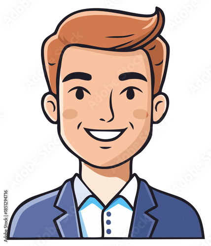 Smiling Man Cartoon Style, Formal Wear, Reddish Hair, Rosy Cheeks, Portrait