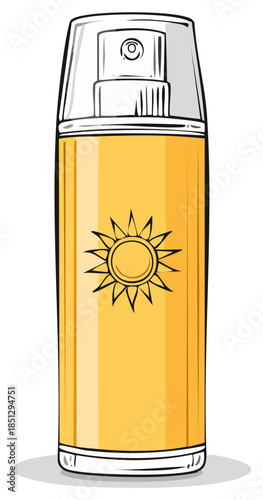 Sunscreen spray bottle with sun graphic protecting skin from ultraviolet rays