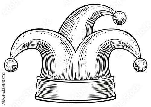 Whimsical Jester Hat with Pointed Bells and Ribbed Band in Vintage Engraving Style Artwork