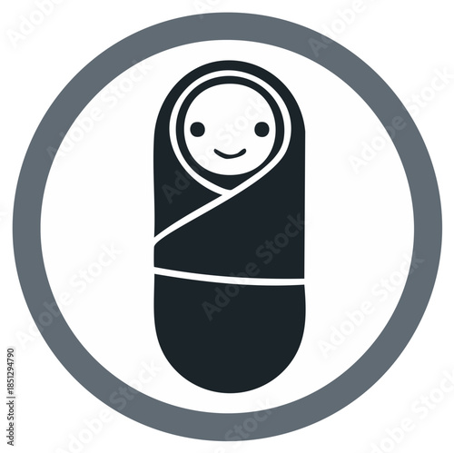 Simple graphic icon of a smiling baby wrapped in a swaddling blanket inside a circle.