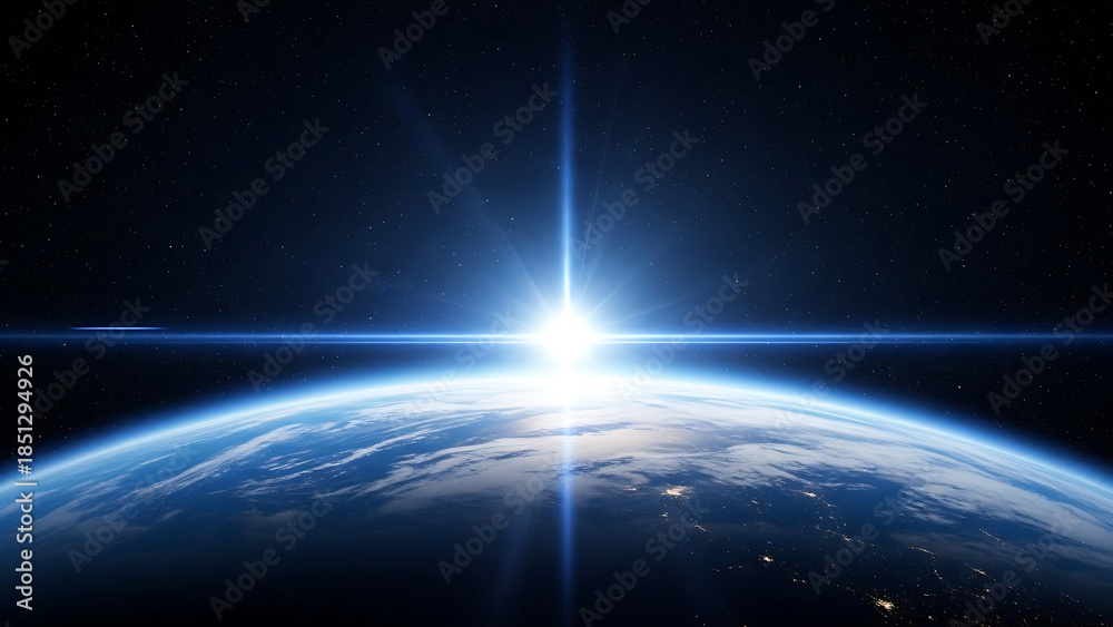 Obraz premium Earth Sunrise from Space with Blue Light and Star Field