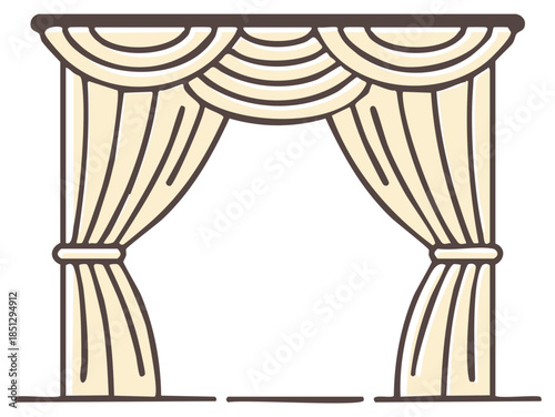 Elegant cream colored theatrical stage curtains tied back with valance illustration
