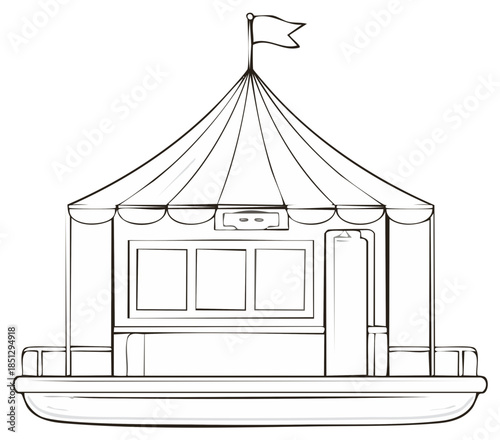 Outline Illustration of a Unique Tent Structure with a Flag on a Floating Base