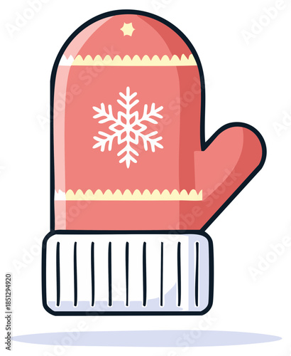 Cartoon pink mitten with snowflake design for winter holiday season