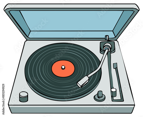 Illustration of a retro turntable with an open lid and a vinyl record