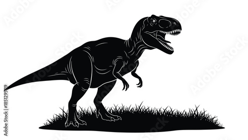 Black dinosaur standing on grassy ground walking