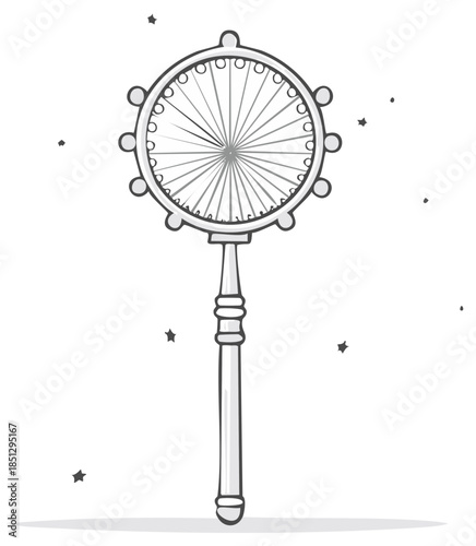 Hand drawn illustration of a detailed tambourine musical instrument with star embellishments.
