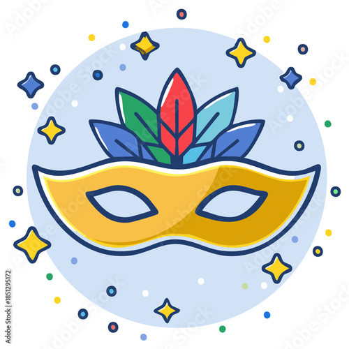 Colorful carnival mask with feathers and stars, isolated on a blue background