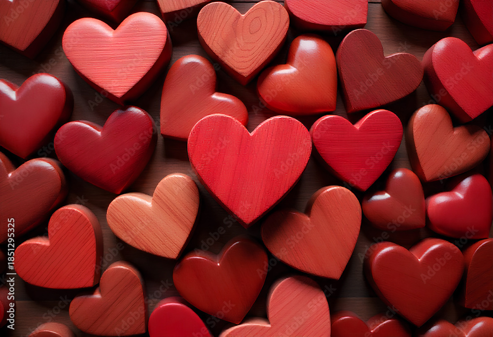Obraz premium A dense textural arrangement of wooden hearts provides a warm, organic background for graphic design and branding projects.