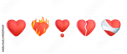 Red hearts emojis. Love Hearts emoji. 3 emoticons isolated on white background. Red color hearts, bandaged heart, heart in fire, broken, vector emoji. Isolated. 3D render vector illustration