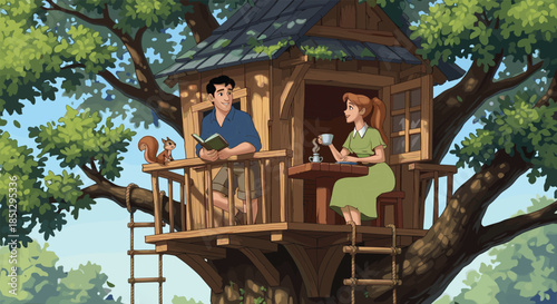 Treehouse retreat, cozy couple, nature escape, reading outdoors, squirrel friend, summer sunlight, forest lifestyle, romantic moment, peaceful day, wooden cabin