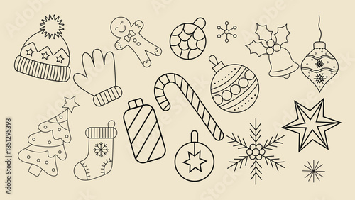 Vector illustration black and white christmas icons and decorations on cream background