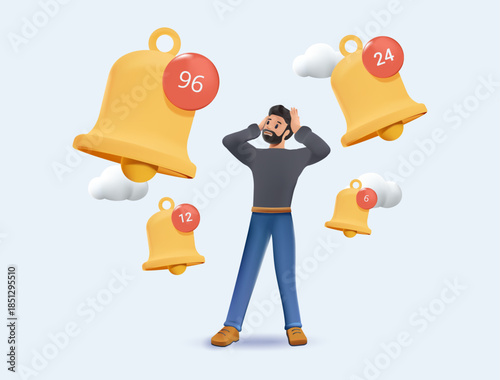 Unhappy stressed man and messages and text notices. Anxious guy quit notifications feel annoyed and overwhelmed with spam. Vector illustration
