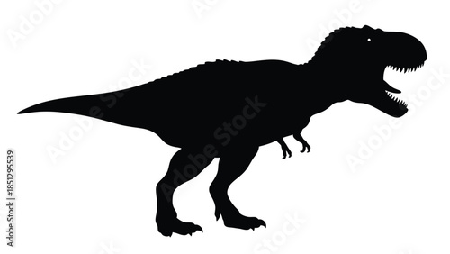Black silhouette of a dinosaur with sharp teeth and long tail