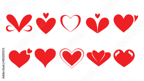 Vector illustration collection of various red heart shapes and symbols for valentines day