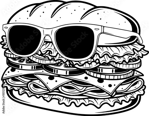 Delicious massive sandwich character wearing stylish retro sunglasses vector silhouette isolated on white background
