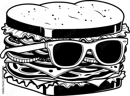 Delicious massive sandwich character wearing stylish retro sunglasses vector silhouette isolated on white background
