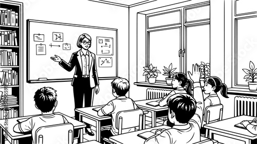 A teacher is teaching students in a classroom setting
