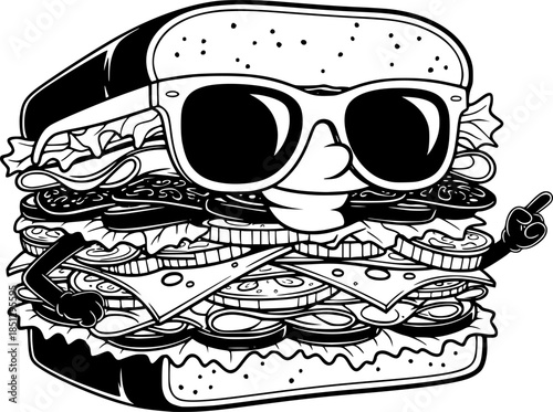 Delicious massive sandwich character wearing stylish retro sunglasses vector silhouette isolated on white background
