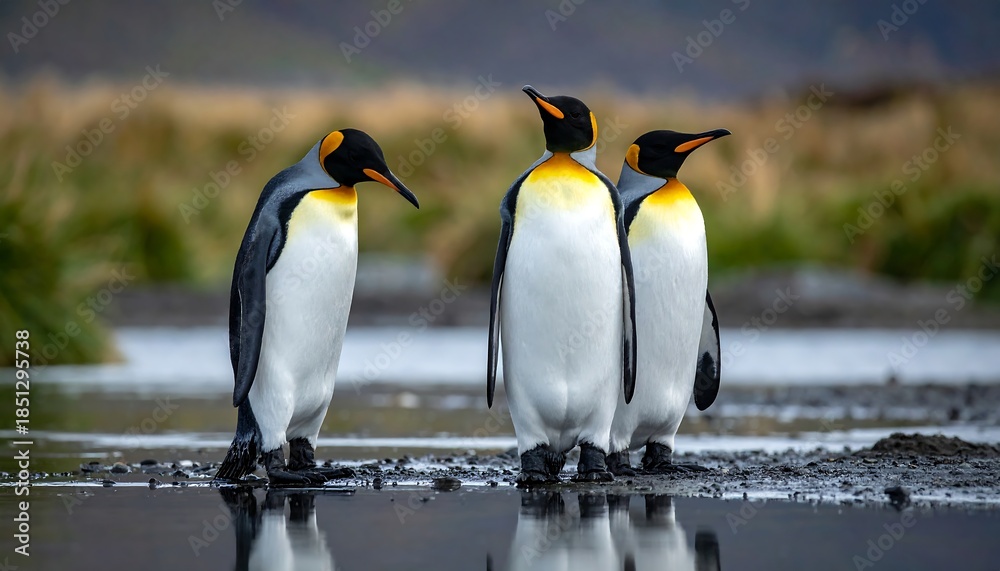 Fototapeta premium Three king penguins standing near a puddle