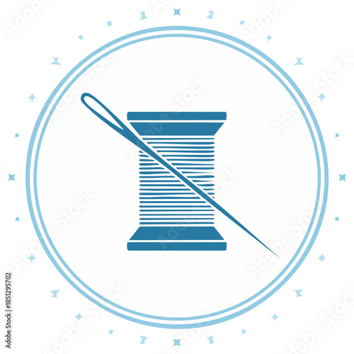 Blue thread spool and needle icon with starburst circle border decorative element