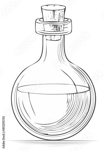 Illustration of a round glass bottle with liquid and a cork stopper