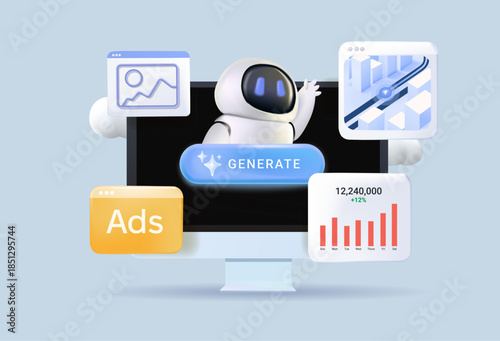 Generative engine optimization adapts SEO for AI-driven search experiences, 3D vector illustration. Generative engine optimization supports content visibility. Search generative experience SEO AI