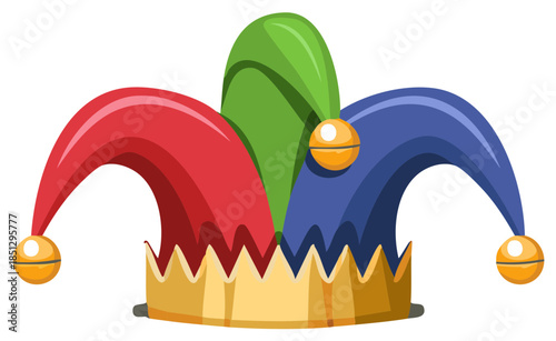 Colorful Jester Hat with Bells Red Green and Blue for Circus or Medieval Festivities Icon Vector
