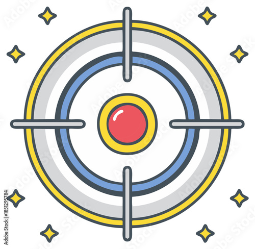 Cartoon bullseye target icon with crosshairs and stars symbolizing accuracy, business goals, and success