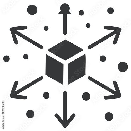 Conceptual illustration of a cube with outgoing arrows and dots in monochrome
