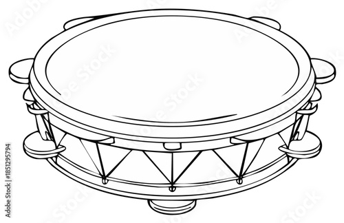 Line art illustration of a musical percussion tambourine instrument