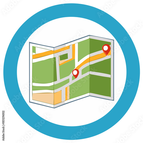 Cartoon Map with Red Location Pins in Blue Circle Frame Depicting Travel Destinations and Navigation