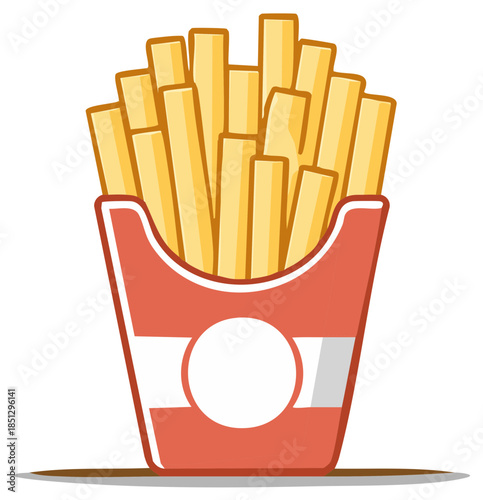 Vector icon of crispy golden french fries in a red paper container. A classic fast food snack or side dish illustration.