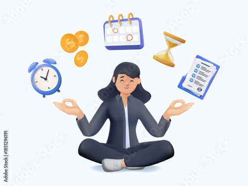 Vector of a calm businesswoman meditating in lotus pose on desk, surrounded documents, clock, calendar and money. 3D vector concept of focus, pressure, and mindfulness at work