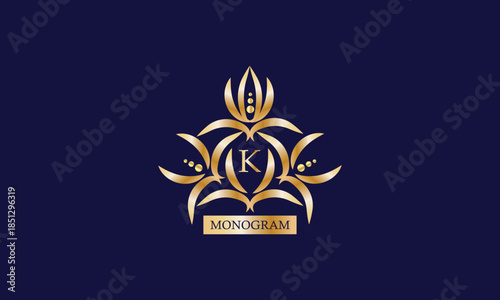Monogram design template with letter K in the center and place for text. Elegant company branding, emblem, invitation, label, business sign.