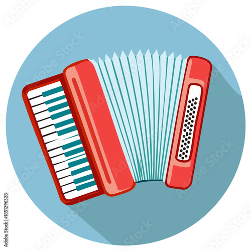 Red accordion musical instrument with keyboard and bellows isolated in a circle