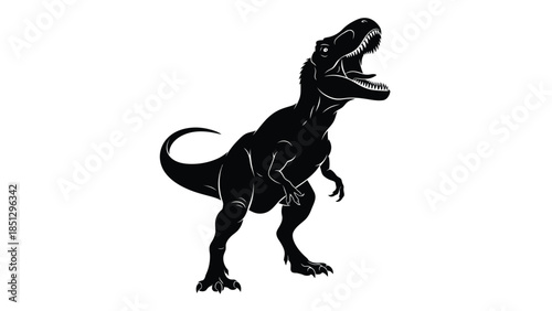 Black silhouette of a roaring dinosaur with sharp teeth and tail raised