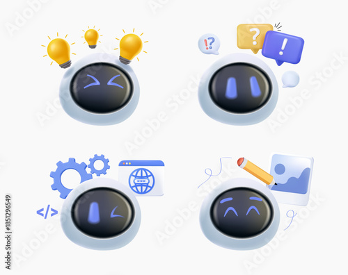 AI agent icon set. Ai, robot, NLP, automatic. Digital brain neural network, AI servers and robots technology, artificial bot mind and artificial intelligent robotic building. Vector 3D illustration