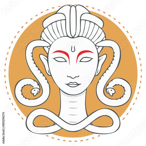Mystical female deity portrait with intertwining snakes and sacred forehead symbol