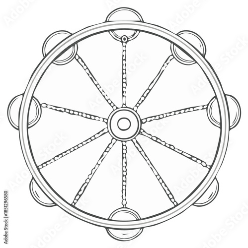 Dharma Wheel Buddhist spiritual symbol eight spokes and bells line art vector illustration